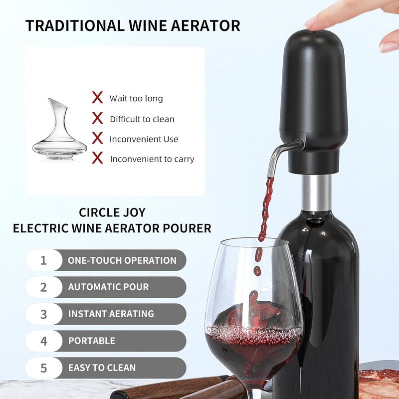 CircleJoy Electric Wine Opener Set 4-in-1 Automatic Corkscrew with Rechargeable Wine Aerator Pourer, Foil Cutter, Vacuum Wine Stopper | Premium Gift Box for Wine Lovers, Black - Image 4